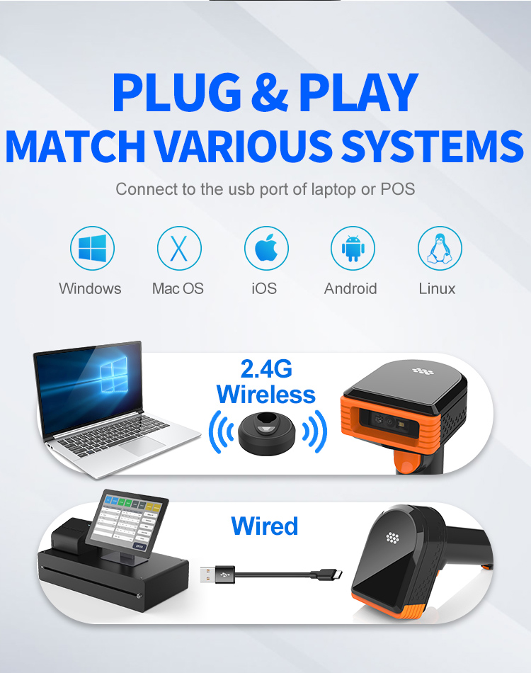 2.4G Handheld Wired 1d 2D Wireless Laser Barcode Scanner